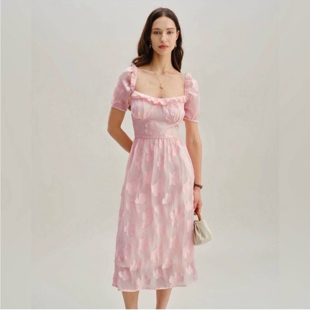 RIHOAS Pink Square Neck Puffed Sleeve Midi Dress M